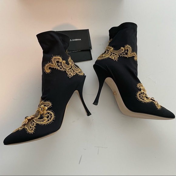 DOLCE & GABBANA Lori embellished lace appliquéd stretch jersey sock boot gold - Picture 8 of 13